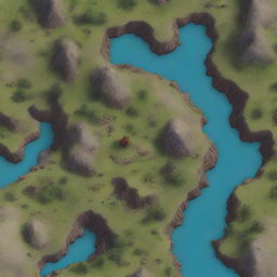 Generate a full top-down view image of a D&D battle map of hilly terrain scattered with rocky outcroppings, perfect for strategizing combat scenarios