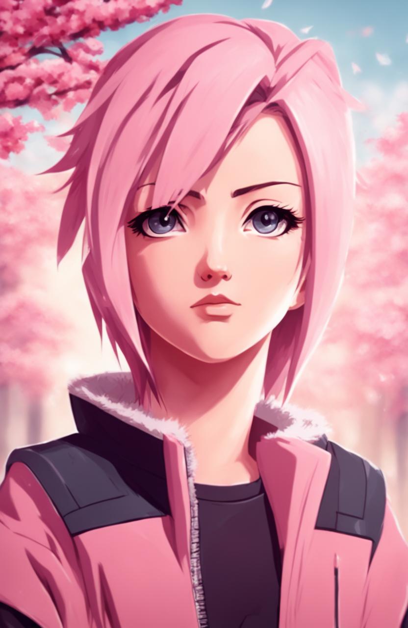 Cinematic portrait of Sakura Haruno in digital art style with pastel background in 2:3 aspect ratio.