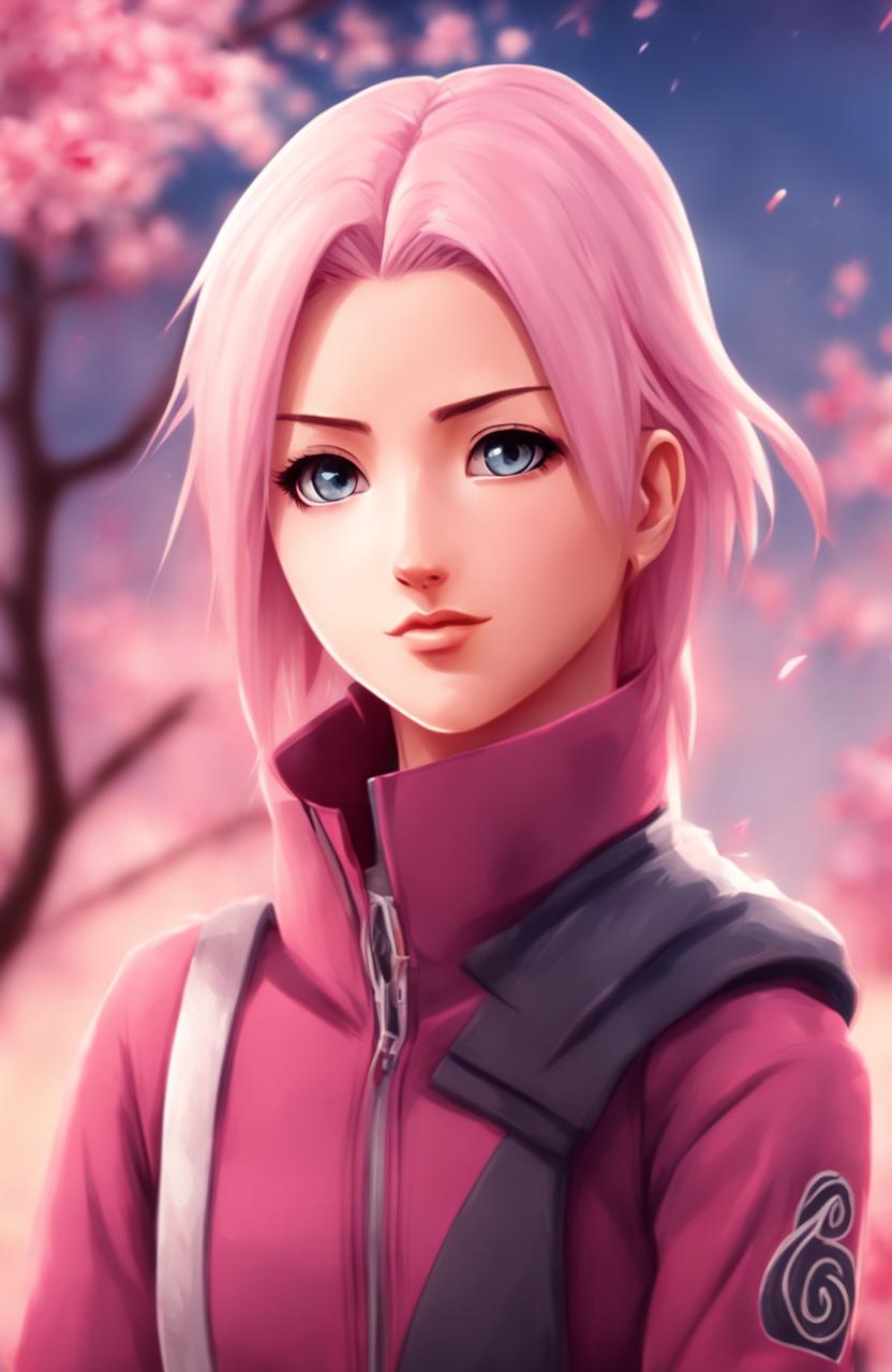 Cinematic portrait of Sakura Haruno in digital art style with pastel background in 2:3 aspect ratio.