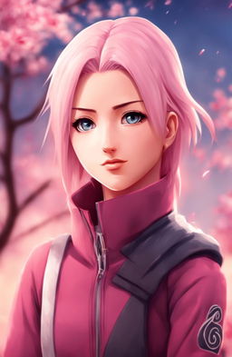 Cinematic portrait of Sakura Haruno in digital art style with pastel background in 2:3 aspect ratio.