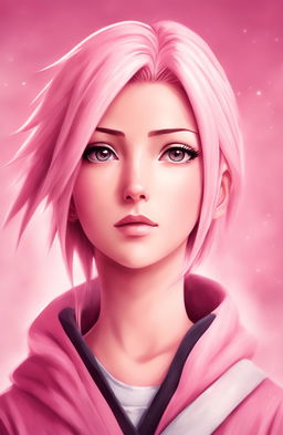 Cinematic portrait of Sakura Haruno in digital art style with pastel background in 2:3 aspect ratio.