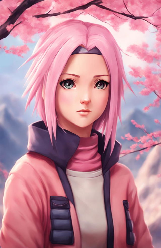 2D cinematic portrait of Sakura Haruno with pastel background in 2:3 aspect ratio.