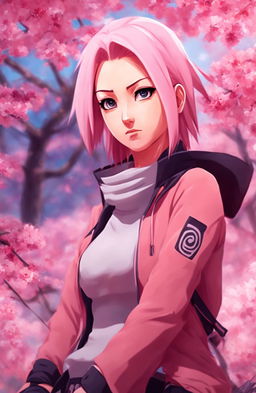 2D cinematic portrait of Sakura Haruno with pastel background in 2:3 aspect ratio.