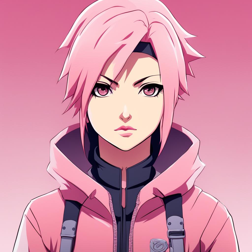 2D anime-style portrait of Sakura Haruno against a pastel background, 2:3 aspect ratio.