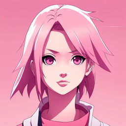 2D anime-style portrait of Sakura Haruno against a pastel background, 2:3 aspect ratio.