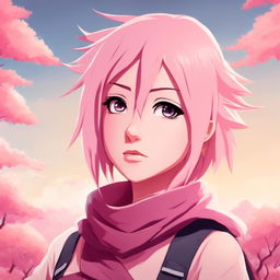 2D anime-style portrait of Sakura Haruno against a pastel background, 2:3 aspect ratio.