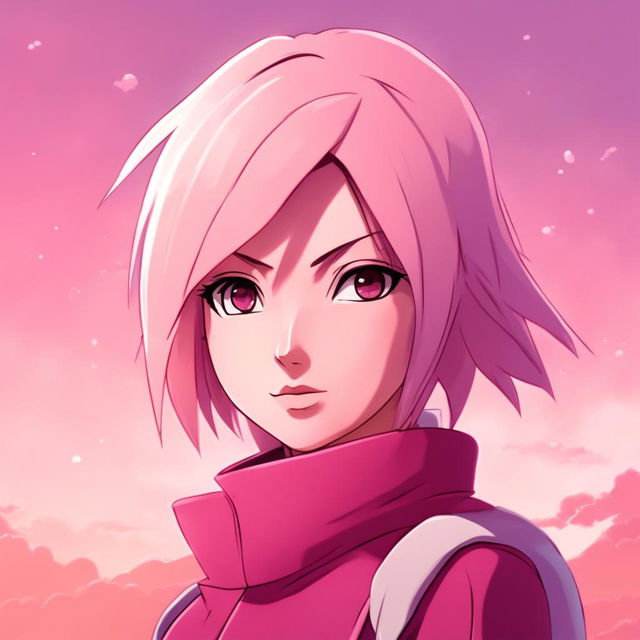 2D anime-style portrait of Sakura Haruno against a pastel background, 2:3 aspect ratio.