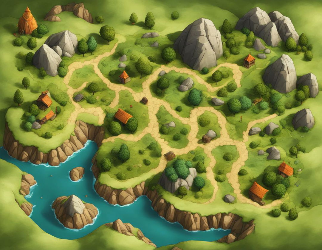 Top-down view of a DnD battle map featuring rolling hills and large rocks, rendered in Dragonball style.