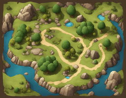 Top-down view of a DnD battle map featuring rolling hills and large rocks, rendered in Dragonball style.