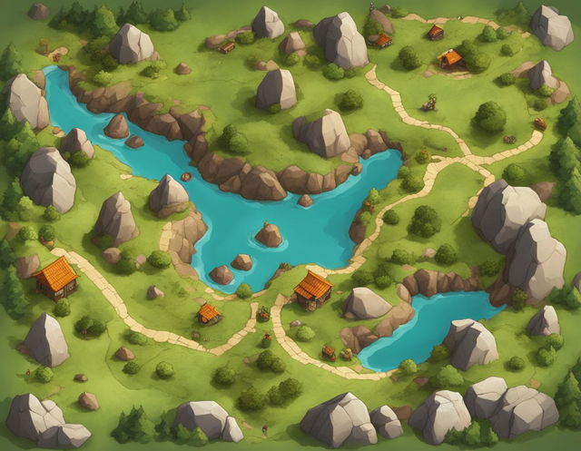 Top-down view of a DnD battle map featuring rolling hills and large rocks, rendered in Dragonball style.