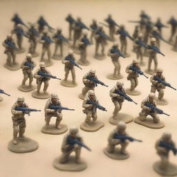 A detailed array of modern American soldier figurines, equipped with various types of weaponry, strategically positioned on a complex battlefield