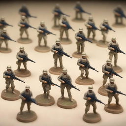 A detailed array of modern American soldier figurines, equipped with various types of weaponry, strategically positioned on a complex battlefield