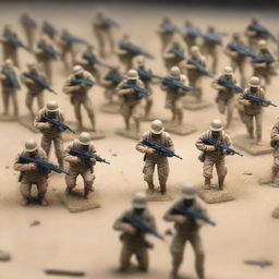 A detailed array of modern American soldier figurines, equipped with various types of weaponry, strategically positioned on a complex battlefield