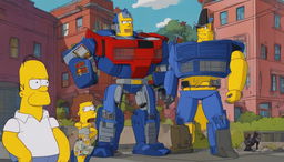 Transformers in Springfield: Optimus Prime near Jebediah Springfield's statue, Bumblebee interacting with Bart Simpson, and Megatron looming near the Nuclear Power Plant