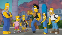 Transformers in Springfield: Optimus Prime near Jebediah Springfield's statue, Bumblebee interacting with Bart Simpson, and Megatron looming near the Nuclear Power Plant