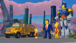 Transformers in Springfield: Optimus Prime near Jebediah Springfield's statue, Bumblebee interacting with Bart Simpson, and Megatron looming near the Nuclear Power Plant