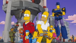 Transformers in Springfield: Optimus Prime near Jebediah Springfield's statue, Bumblebee interacting with Bart Simpson, and Megatron looming near the Nuclear Power Plant