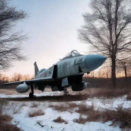 A worn and weathered fighter jet, abandoned and overgrown, rusting in the dark winter dusk.