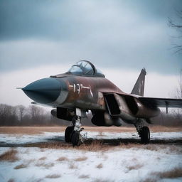 A worn and weathered fighter jet, abandoned and overgrown, rusting in the dark winter dusk.