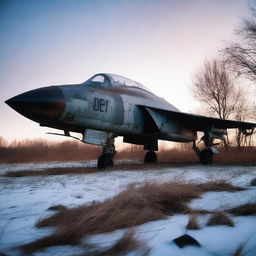 A worn and weathered fighter jet, abandoned and overgrown, rusting in the dark winter dusk.