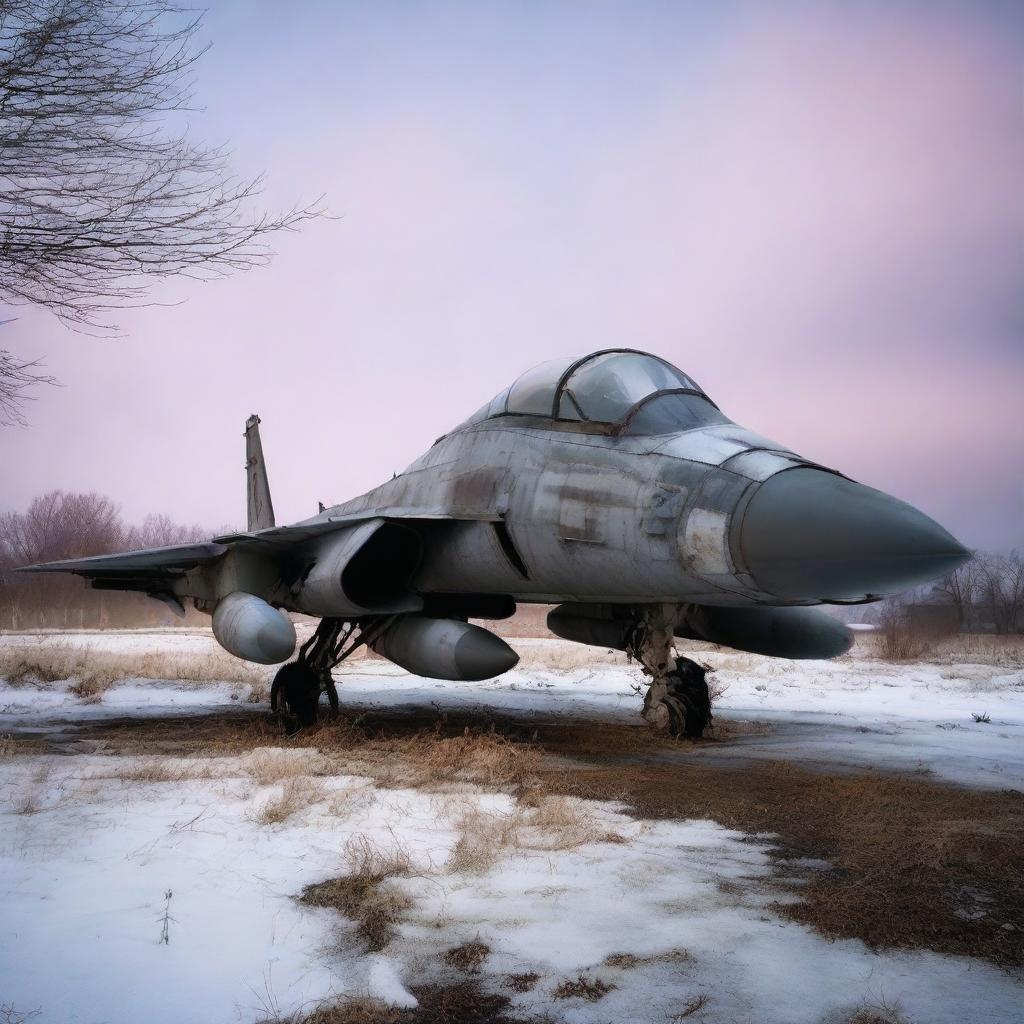 A worn and weathered fighter jet, abandoned and overgrown, rusting in the dark winter dusk.