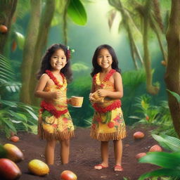 Two 7-year-old Hawaiian children, clothed in traditional Hawaiian attire, joyfully collecting cocoa pods in a vibrant, tropical rainforest full of diverse fauna