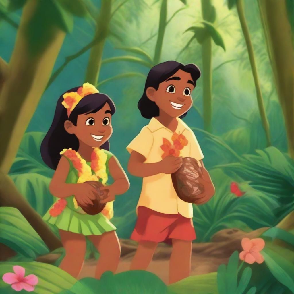 Two 7-year-old Hawaiian children, clothed in traditional Hawaiian attire, joyfully collecting cocoa pods in a vibrant, tropical rainforest full of diverse fauna