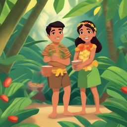 Two 7-year-old Hawaiian children, clothed in traditional Hawaiian attire, joyfully collecting cocoa pods in a vibrant, tropical rainforest full of diverse fauna