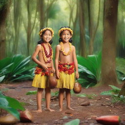 Two 7-year-old Hawaiian children, clothed in traditional Hawaiian attire, joyfully collecting cocoa pods in a vibrant, tropical rainforest full of diverse fauna