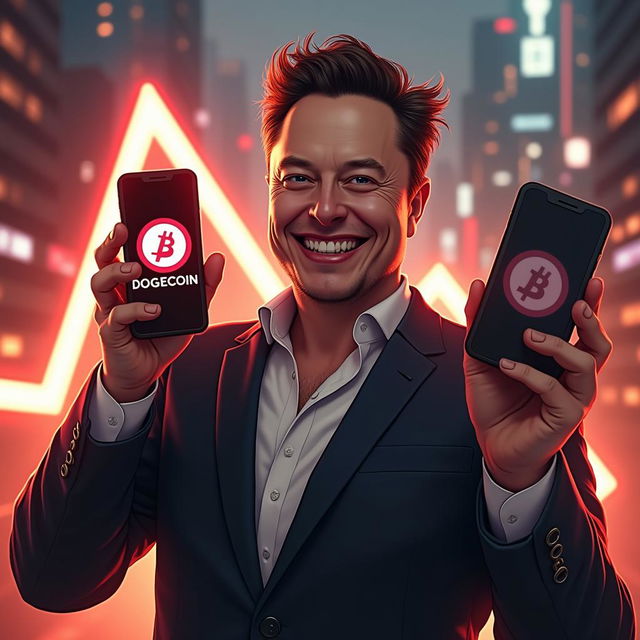 Elon Musk with a wicked smile, holding a cell phone, getting ready to dump Dogecoin to the ground