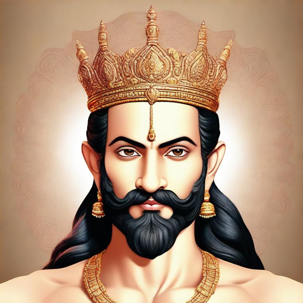 Generate an image of Lord Sri Ram as described in the Valmiki Ramayana, with manly features, big, beautiful lotus eyes, a moustache, and a slightly down-leaned nose tip