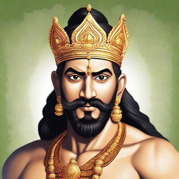 Generate an image of Lord Sri Ram as described in the Valmiki Ramayana, with manly features, big, beautiful lotus eyes, a moustache, and a slightly down-leaned nose tip