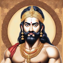 Generate an image of Lord Sri Ram as described in the Valmiki Ramayana, with manly features, big, beautiful lotus eyes, a moustache, and a slightly down-leaned nose tip