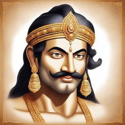 Generate an image of Lord Sri Ram as described in the Valmiki Ramayana, with manly features, big, beautiful lotus eyes, a moustache, and a slightly down-leaned nose tip