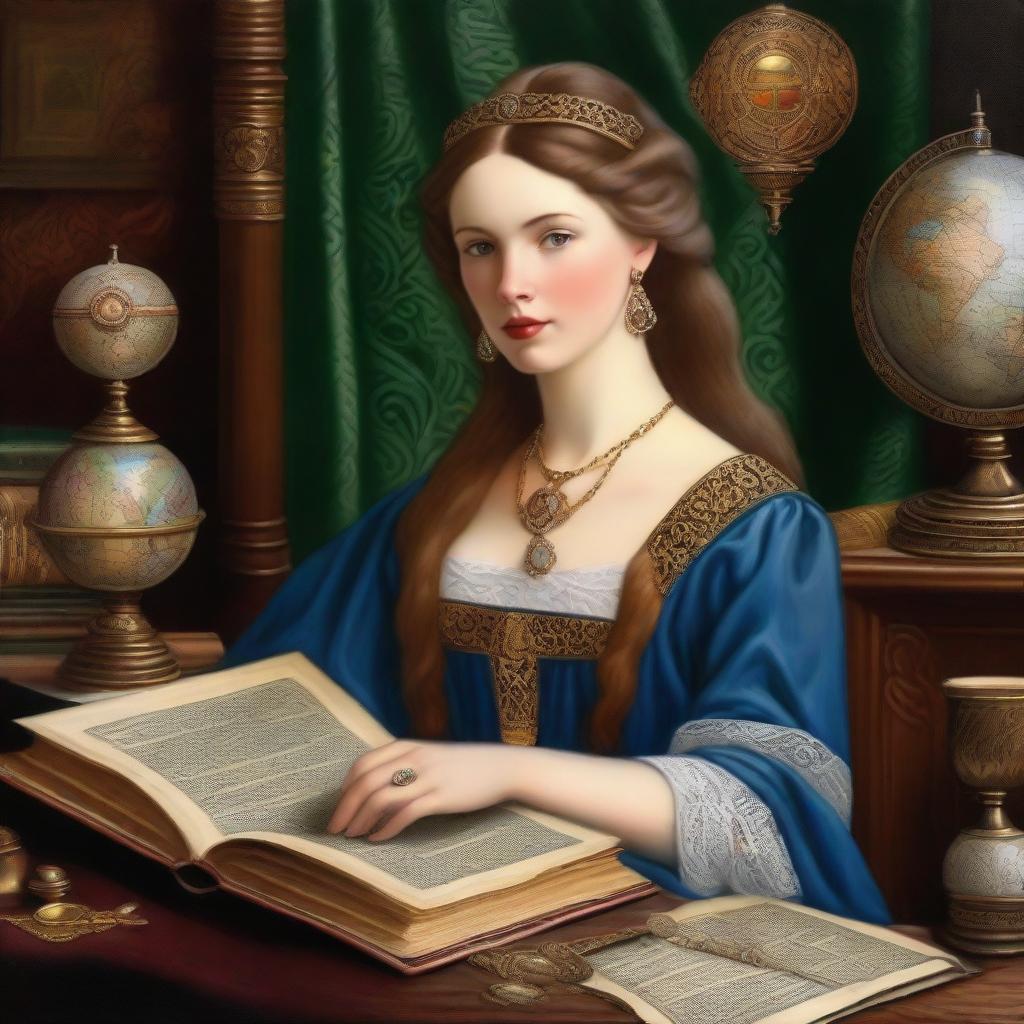 An ultra detailed oil painting style portrait of a maiden holding a big open book