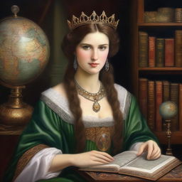 An ultra detailed oil painting style portrait of a maiden holding a big open book