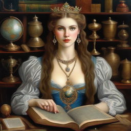 An ultra detailed oil painting style portrait of a maiden holding a big open book