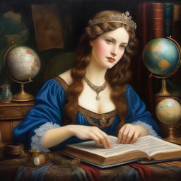 An ultra detailed oil painting style portrait of a maiden holding a big open book