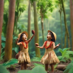 Two excited 7-year-old Hawaiian children in traditional attire reaching up to pick vibrant cocoa pods from trees within a lush, Pixar-style tropical rainforest