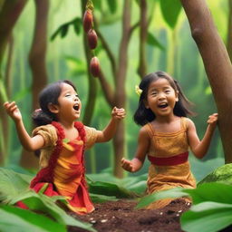 Two excited 7-year-old Hawaiian children in traditional attire reaching up to pick vibrant cocoa pods from trees within a lush, Pixar-style tropical rainforest