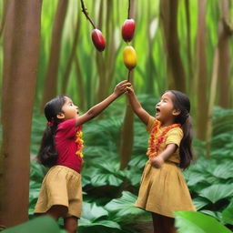 Two excited 7-year-old Hawaiian children in traditional attire reaching up to pick vibrant cocoa pods from trees within a lush, Pixar-style tropical rainforest