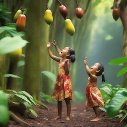 Two excited 7-year-old Hawaiian children in traditional attire reaching up to pick vibrant cocoa pods from trees within a lush, Pixar-style tropical rainforest