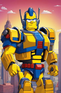 Optimus Prime as a Simpsons character: a vibrant portrait of the Autobot leader in the iconic yellow-skinned, over-exaggerated features style of The Simpsons