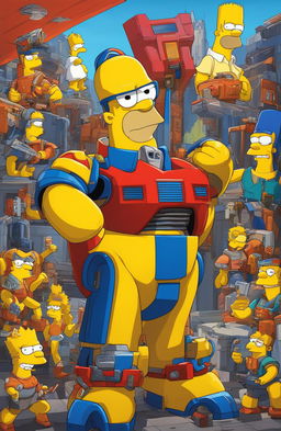 Optimus Prime as a Simpsons character: a vibrant portrait of the Autobot leader in the iconic yellow-skinned, over-exaggerated features style of The Simpsons