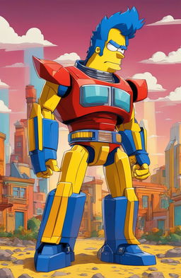 Optimus Prime as a Simpsons character: a vibrant portrait of the Autobot leader in the iconic yellow-skinned, over-exaggerated features style of The Simpsons