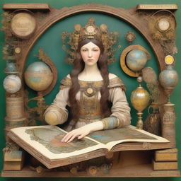 Whimsical, surreal, Alphonse Mucha-style paper diorama collage of a mechanical girl holding a large open book