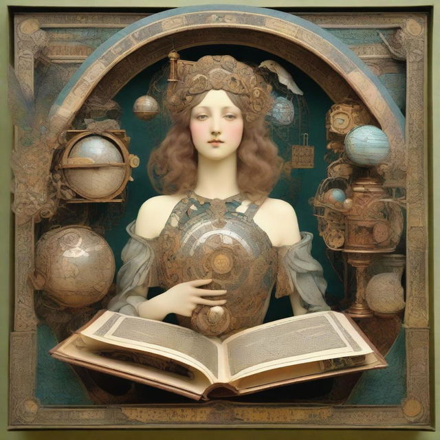 Whimsical, surreal, Alphonse Mucha-style paper diorama collage of a mechanical girl holding a large open book