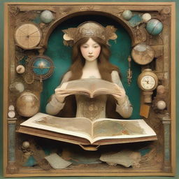 Whimsical, surreal, Alphonse Mucha-style paper diorama collage of a mechanical girl holding a large open book