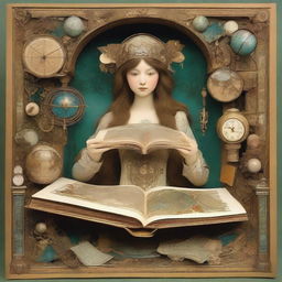 Whimsical, surreal, Alphonse Mucha-style paper diorama collage of a mechanical girl holding a large open book