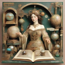 Whimsical, surreal, Alphonse Mucha-style paper diorama collage of a mechanical girl holding a large open book